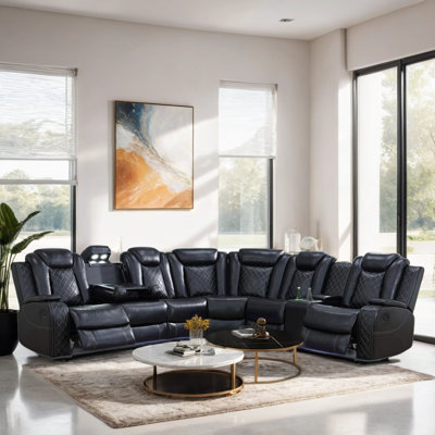 Ivy Bronx 3 Piece Vegan Leather Power Reclining Sectional Sofa Set with LED Lights and Wireless Charging Station Wayfair